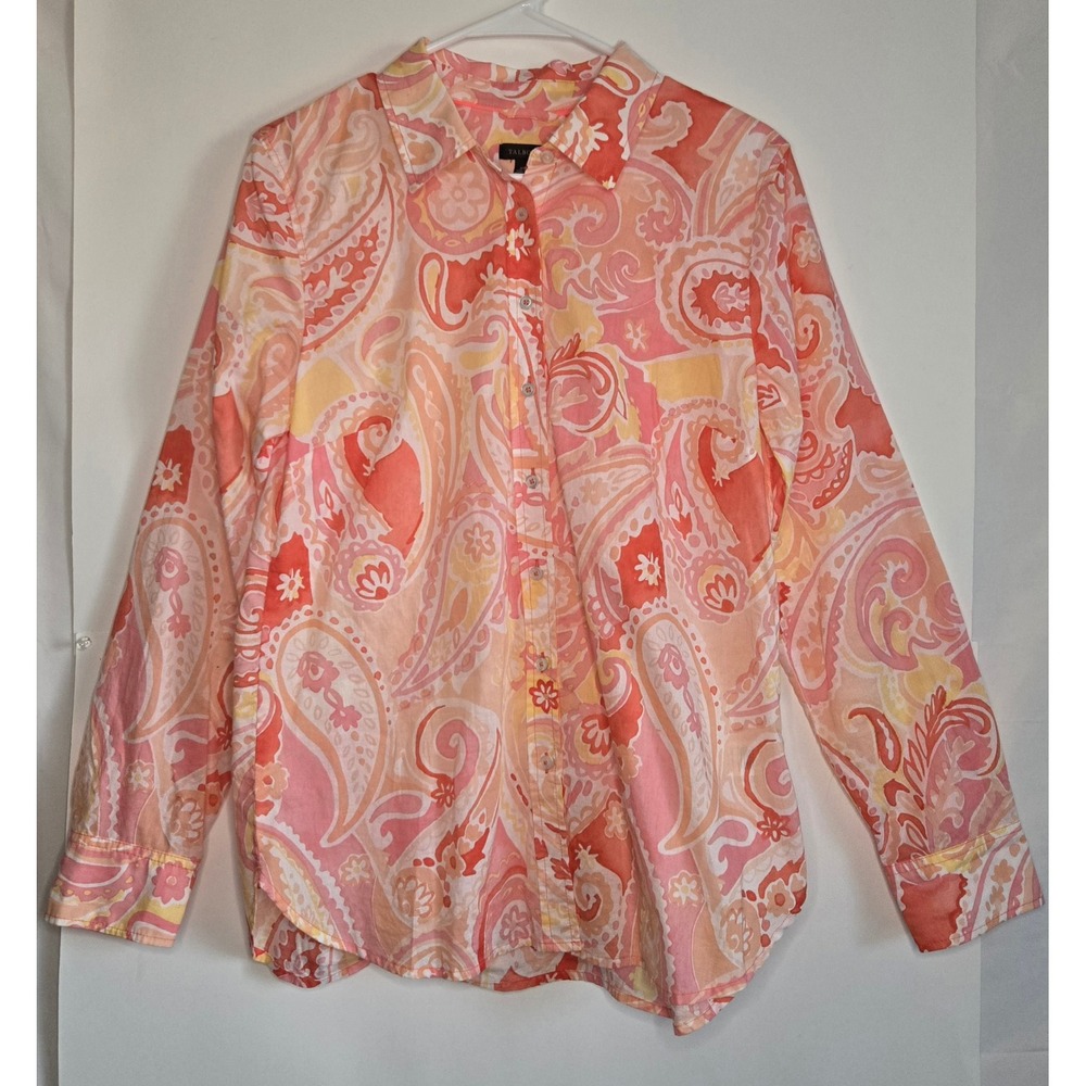 Talbots Womens Pink Orange Paisley 100% Cotton Button Down Shirt Size M